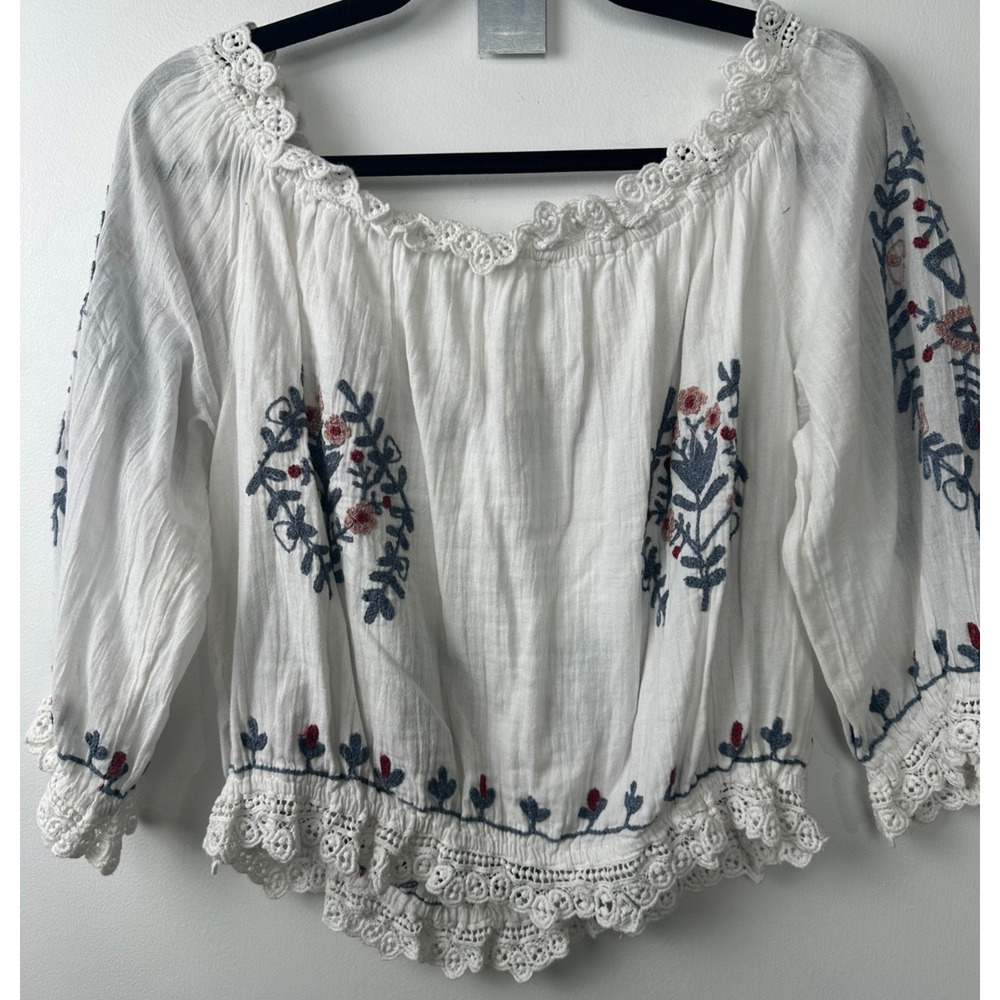 Talisman the Label White L Embroidered Boho Peasant Hippie Shirt off shoulder A3 - Picture 5 of 7